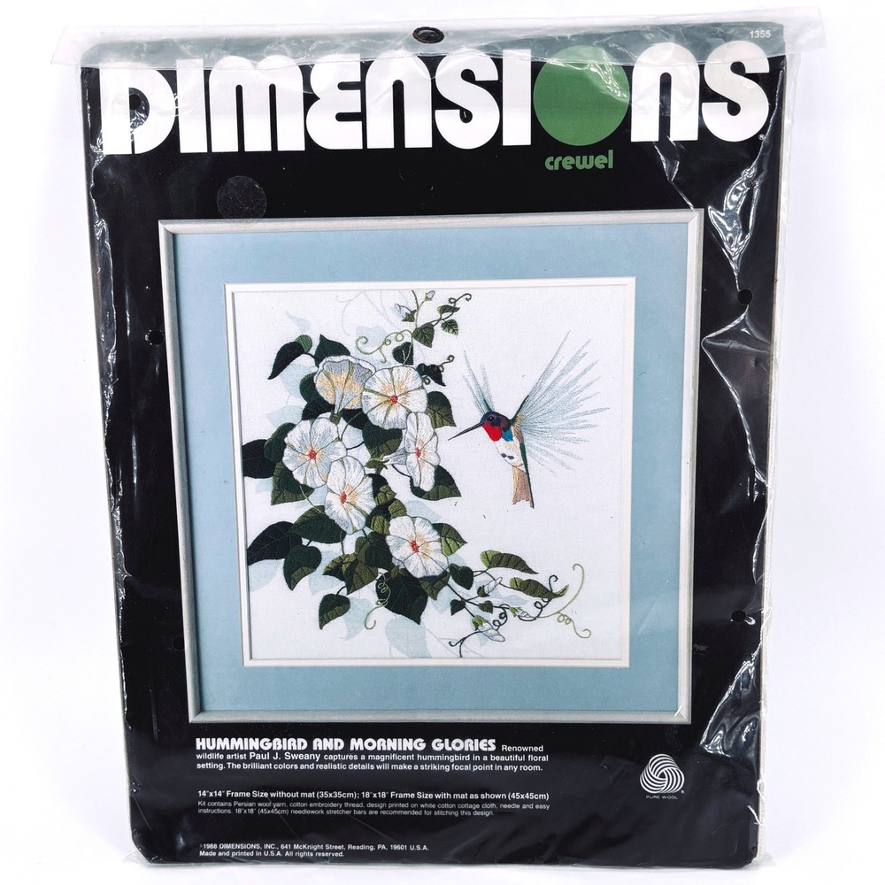 Dimensions Hummingbird & Morning Glories Crewel Embroidery Kit 1355 Vintage 1986